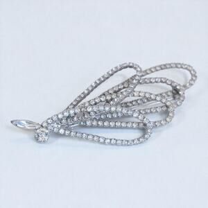 Vintage Festive Sparkling Rhinestone Fan Brooch Silver Tone Art Deco Style Pin